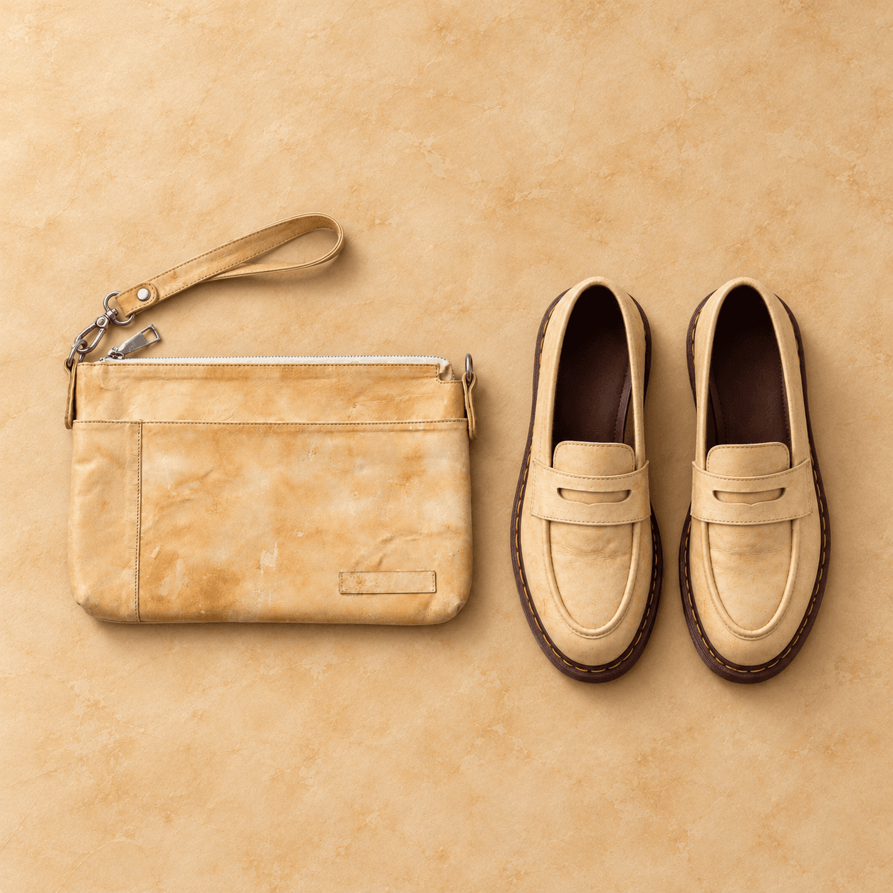 A mycelium leather pouch and a pair of loafers on a sand-coloured surface