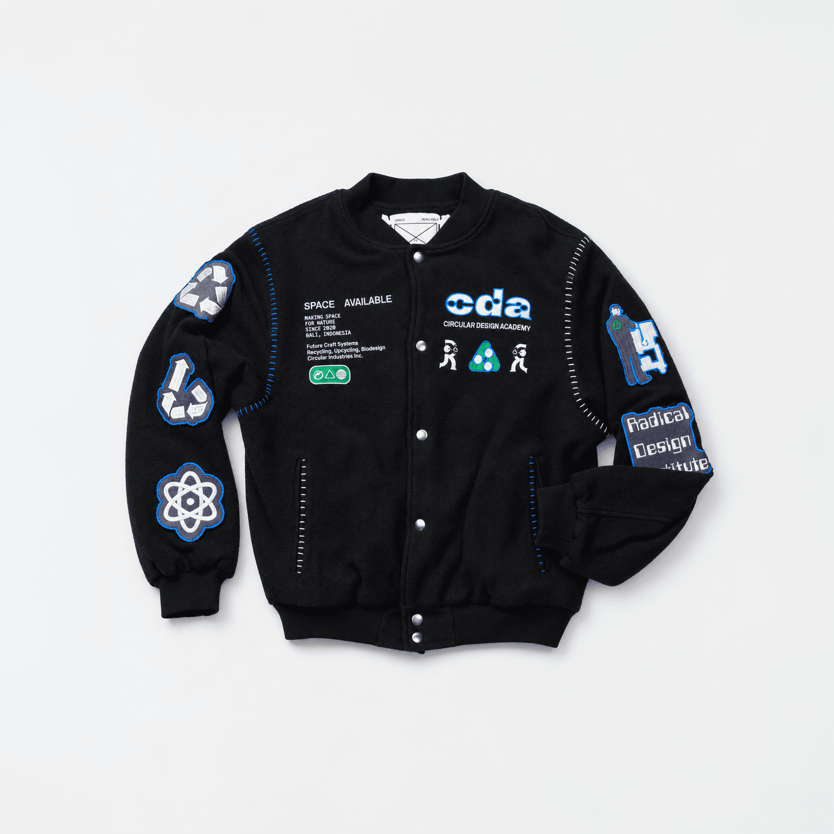 Black varsity jacket with recycling-themed patches