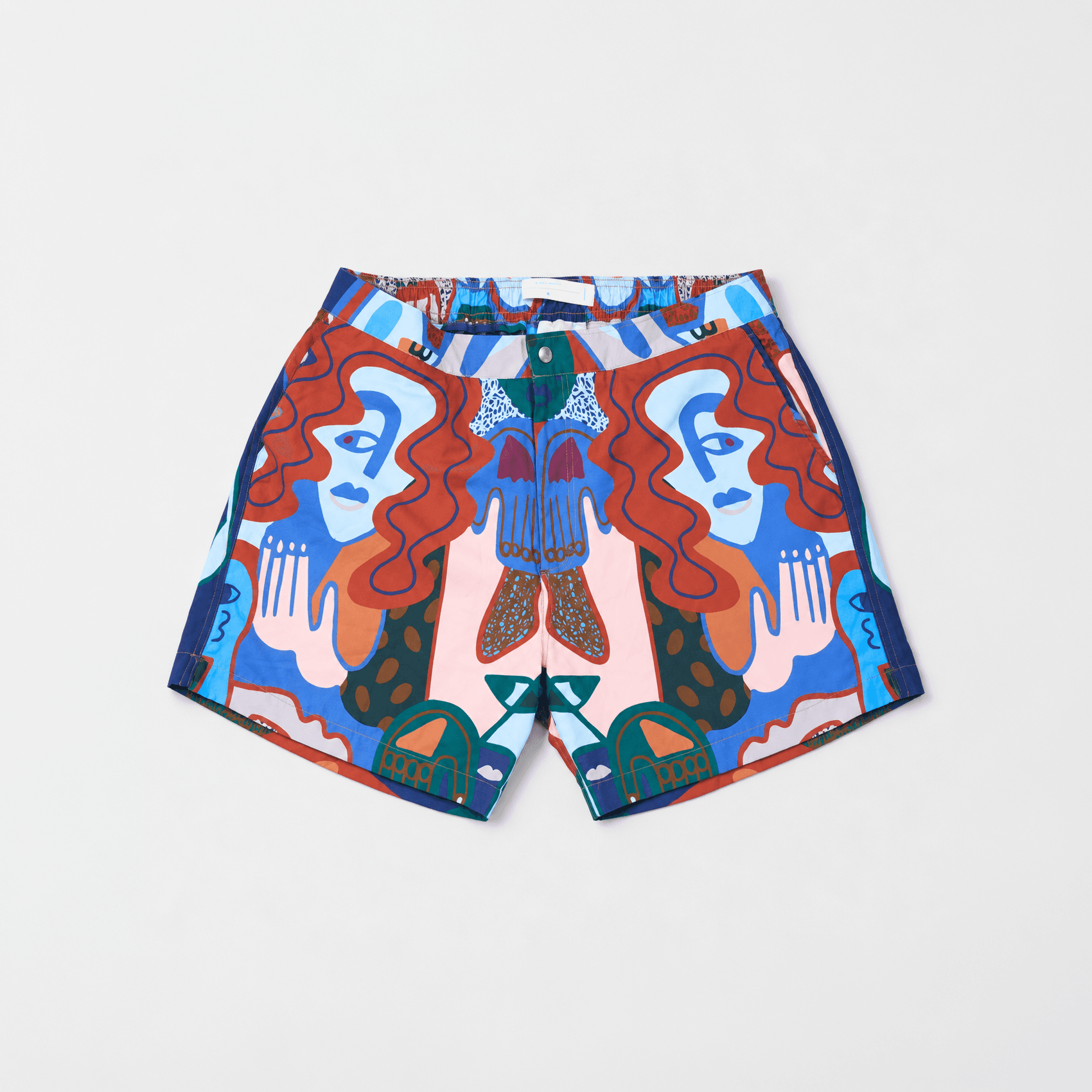 Multicolour swim shorts printed with Abenk Alter's crowd of faces and hands